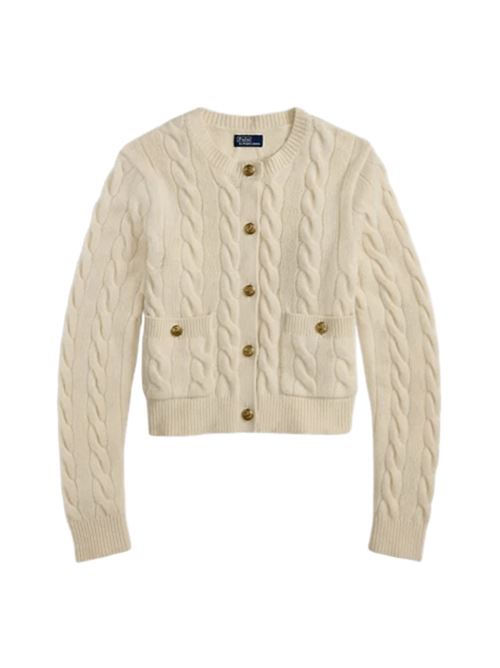 Cardigan da donna in lana misto cashmere con lavorazione a trecce, bottoni logati, colore cream POLO RALPH LAUREN | 211978312500